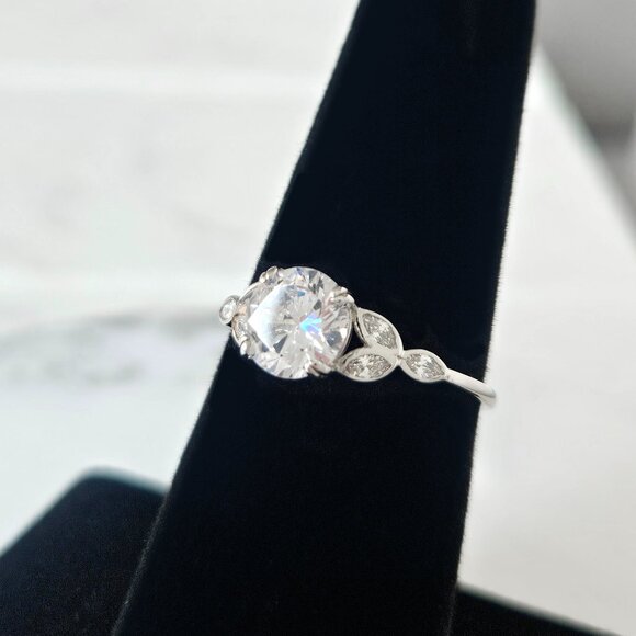 Classic Engagement Style Round Halo ring with leaf band,  925 Sterling Silver - Picture 6 of 6